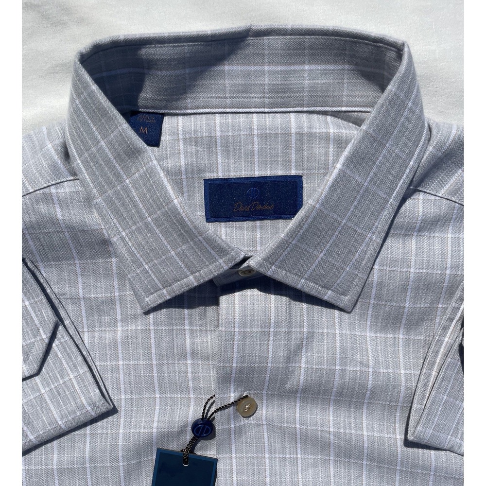 David Donahue Mens Pearl Check Cotton Dress Shirt Medium Spread Collar NWT